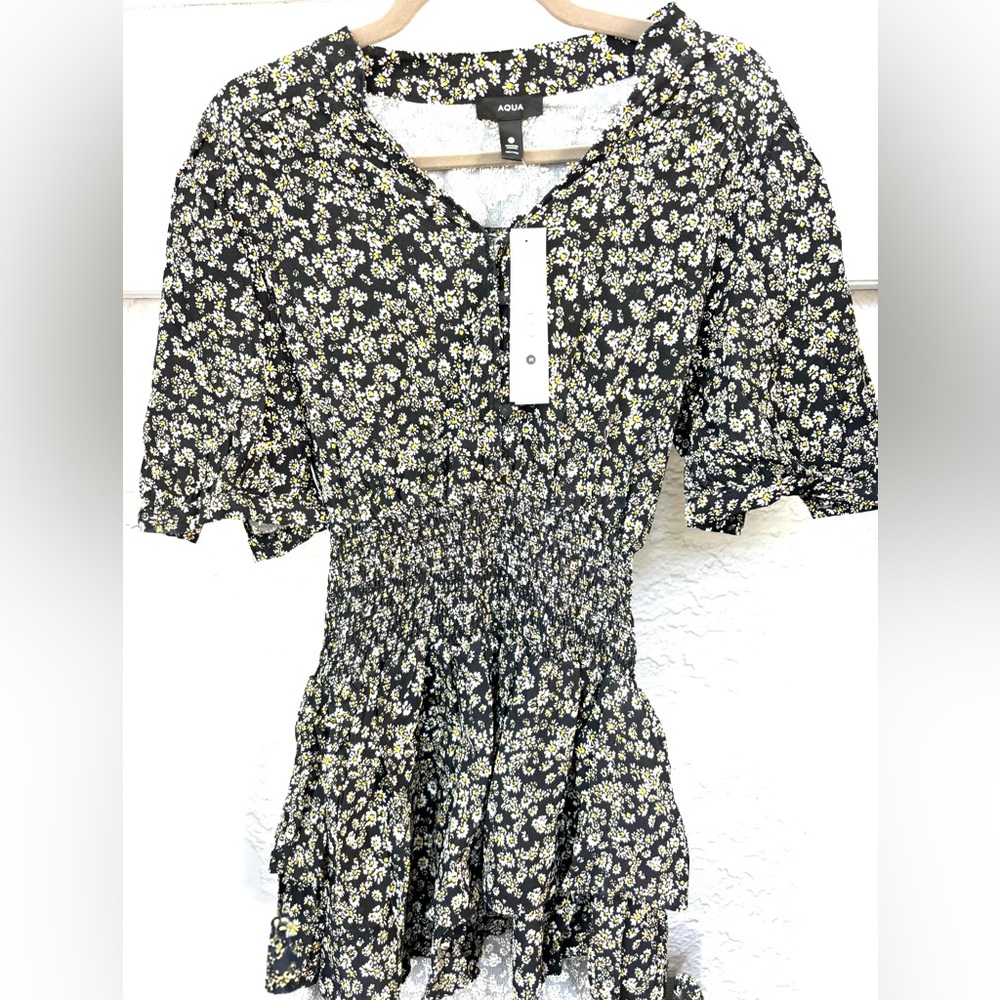 Aqua Black, White and Yellow  Floral Mini Dress